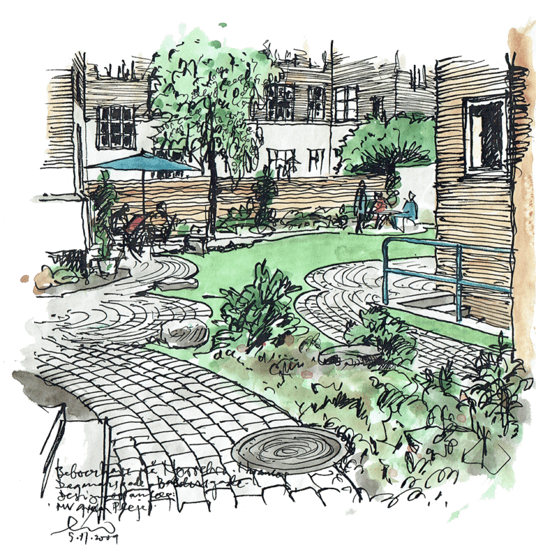 Sketch af have, terrasse og grønne områder